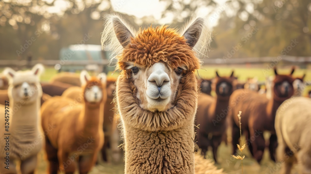 Alpaca in farm, Illustration of llamas with their flocks in the forest, wildlife, Graceful Alpaca and Llama Portraits Amidst Majestic Mountains, group of alpacas on the savannah surounded