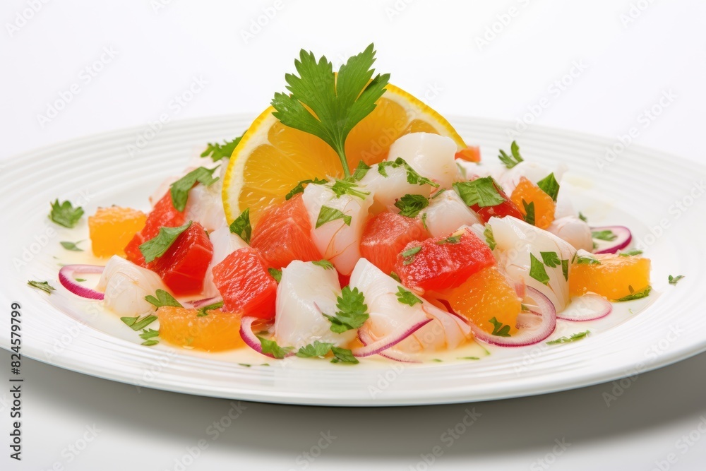 Ecuadorian ceviche with a burst of citrus flavor. White background. Ecuadorian ceviche with a burst of citrus flavor. White background.