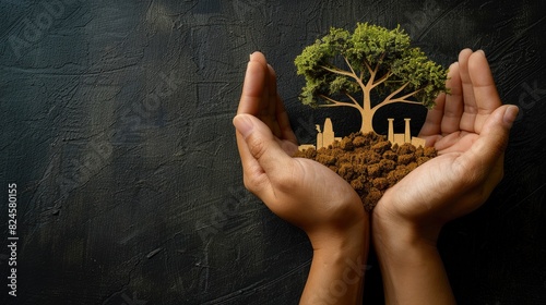 Two hands holding soil with a miniature tree and industrial structures, representing the coexistence of nature and industry, emphasizing the importance of sustainable practices.