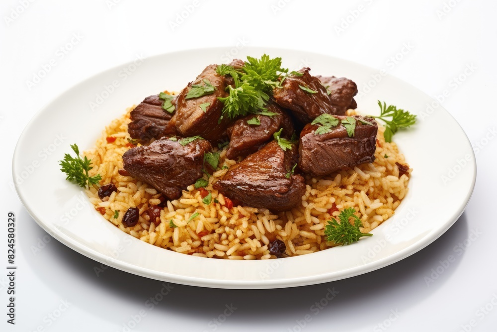 Kuwaiti machboos, a spiced rice dish with meat. White background. Kuwaiti machboos, a spiced rice dish with meat. White background.