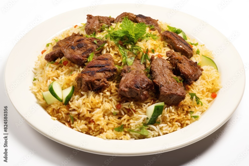 Kuwaiti machboos, a spiced rice dish with meat. White background. Kuwaiti machboos, a spiced rice dish with meat. White background.