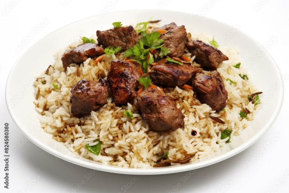 Kuwaiti machboos, a spiced rice dish with meat. White background. Kuwaiti machboos, a spiced rice dish with meat. White background.
