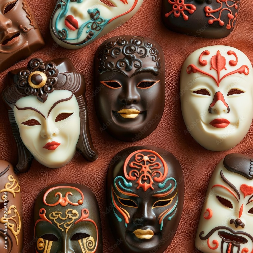 A festive assortment of chocolate Chinese opera masks with dark, white, and colorful designs, presented on a bright, cheerful background