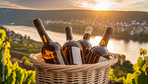 Ein Korb voller Weinflaschen   ber dem Rheintal in der Region Oberer Mittelrhein  bei Sonnenuntergang in der golden hour  in einem Weinberg zwischen den Rebst  cken. 