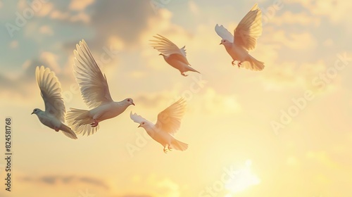 Flock of white birds flying at sunset in the background. Concept of freedom and peace