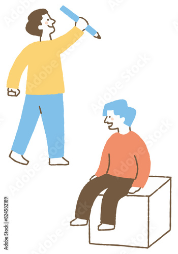 Man holding large pencil and sitting on chair_Color