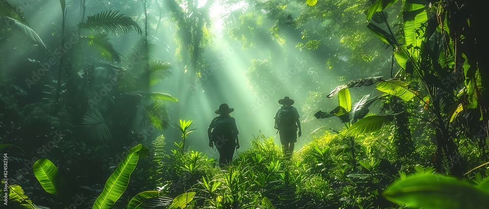 Obraz premium Hikers navigating a trail through a dense forest, with sunbeams breaking through the canopy, Outdoor, Digital, Cool greens, Peaceful and immersive