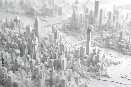 A highly detailed 3D model of a cityscape in pristine white  showcasing buildings  streets  and infrastructure with intricate precision.