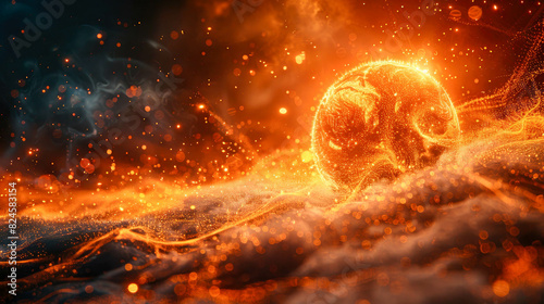 Abstract yellow orange glowing energy magic bright high tech sphere ball circle in fire and smoke background