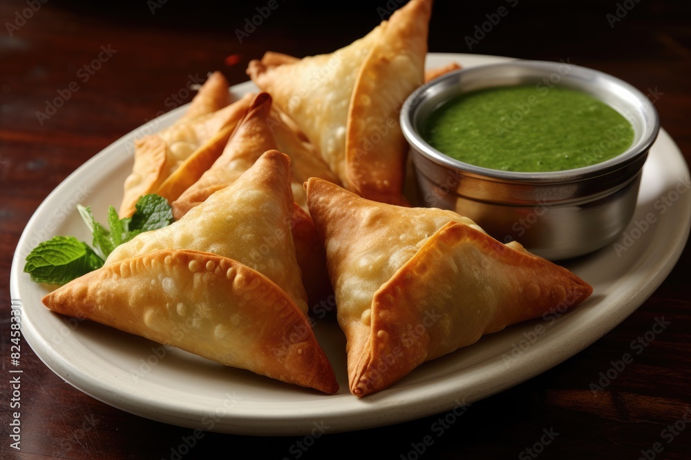 Pakistani samosas with a side of mint chutney. Pakistani samosas with a side of mint chutney.