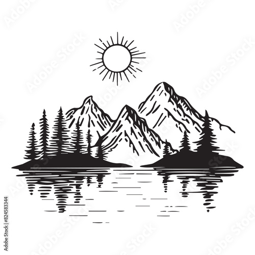 Cartoon line art mountains and lake landscape, black vector illustration on white background