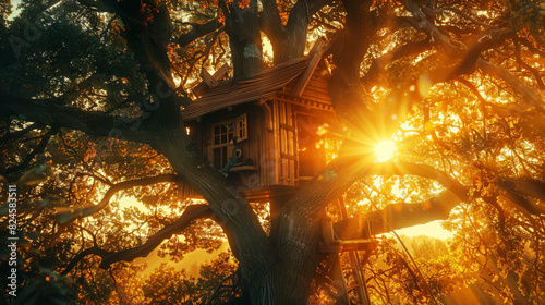 A tree house is nestled in the branches of a large tree