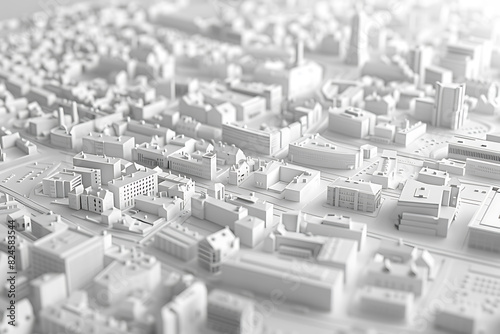 A highly detailed 3D model of a cityscape in pristine white  showcasing buildings  streets  and infrastructure with intricate precision