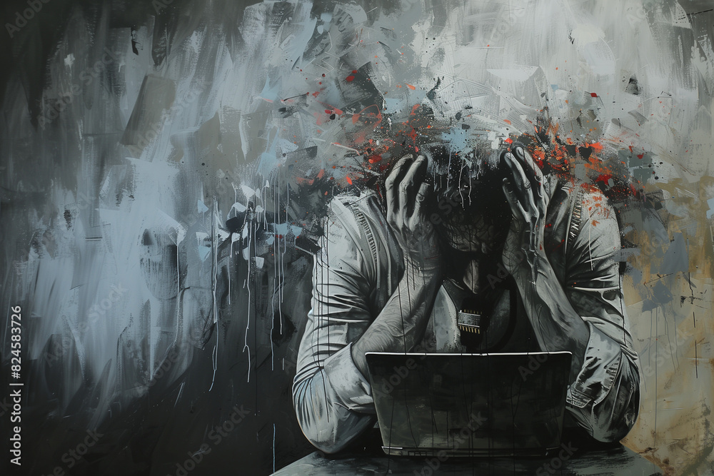 An image of a person experiencing blackmail, extortion or revenge porn, despairing with head in hands, horizontal landscape 16:9 format with copy space