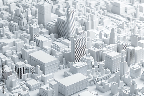 A highly detailed 3D model of a cityscape in pristine white  showcasing buildings  streets  and infrastructure with intricate precision