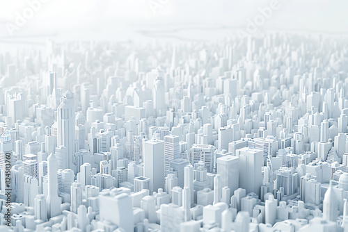 A highly detailed 3D model of a cityscape in pristine white  showcasing buildings  streets  and infrastructure with intricate precision