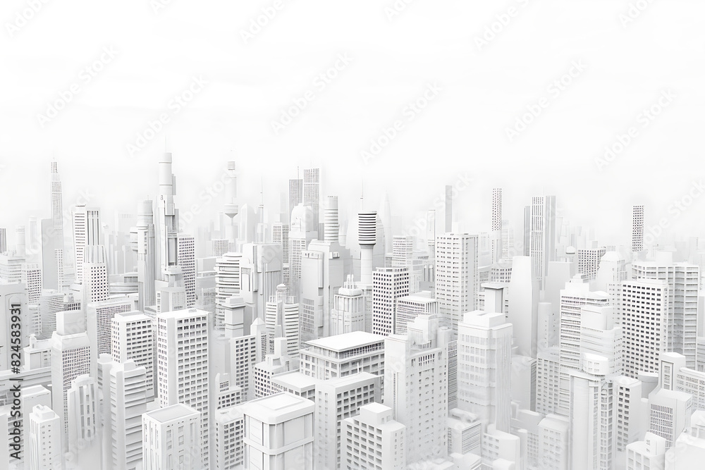 A highly detailed 3D model of a cityscape in pristine white, showcasing buildings, streets, and infrastructure with intricate precision