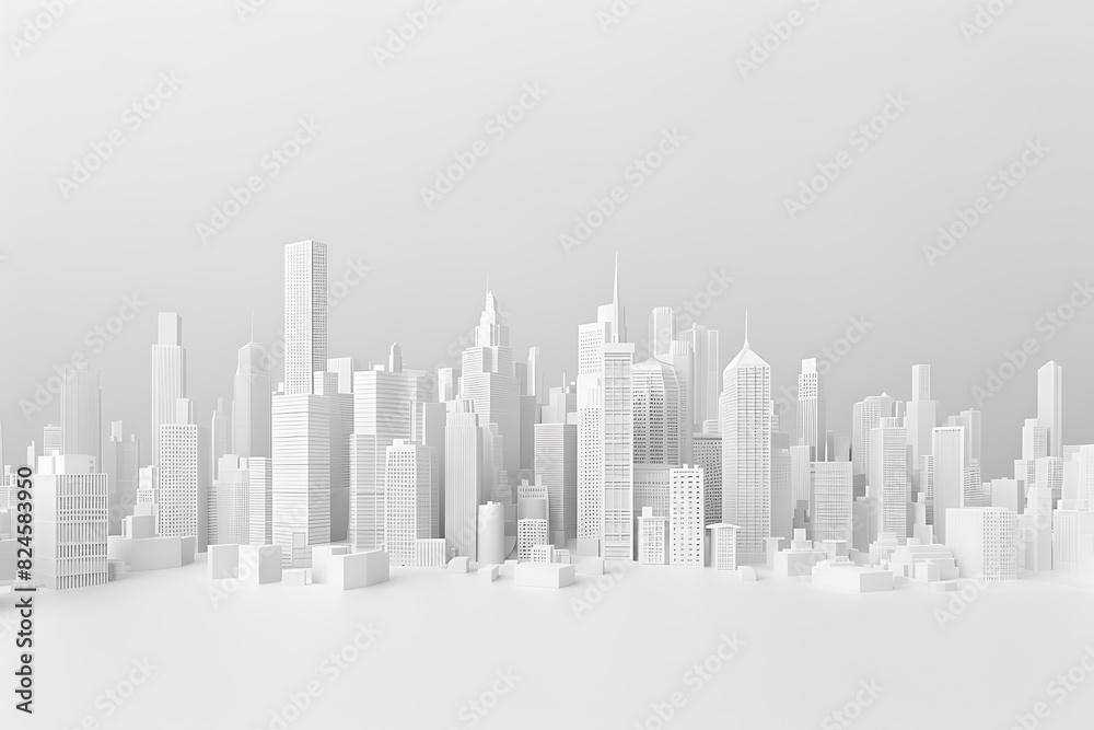 A highly detailed 3D model of a cityscape in pristine white, showcasing buildings, streets, and infrastructure with intricate precision