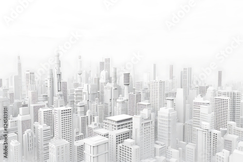 A highly detailed 3D model of a cityscape in pristine white  showcasing buildings  streets  and infrastructure with intricate precision