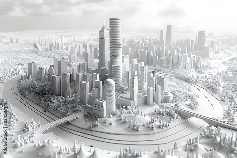 A highly detailed 3D model of a cityscape in pristine white, showcasing buildings, streets, and infrastructure with intricate precision