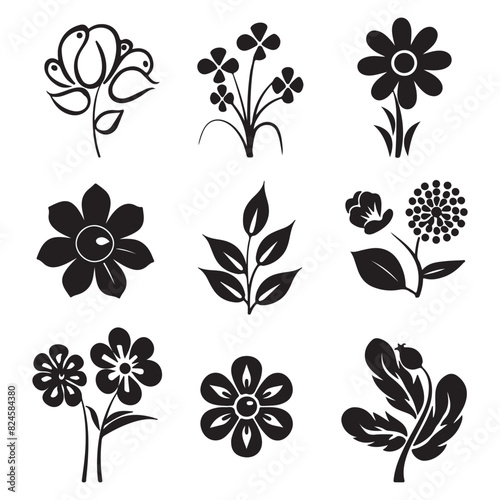 Collection of flat flower logo designs, vector illustrations on white background