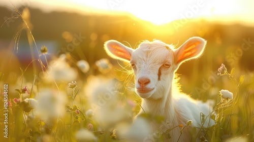 Cute little baby goat on a meadow at sunset in summe photo