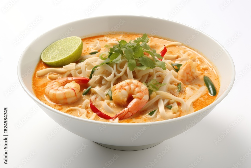 Malaysian laksa, a spicy noodle soup. White background. Malaysian laksa, a spicy noodle soup. White background.