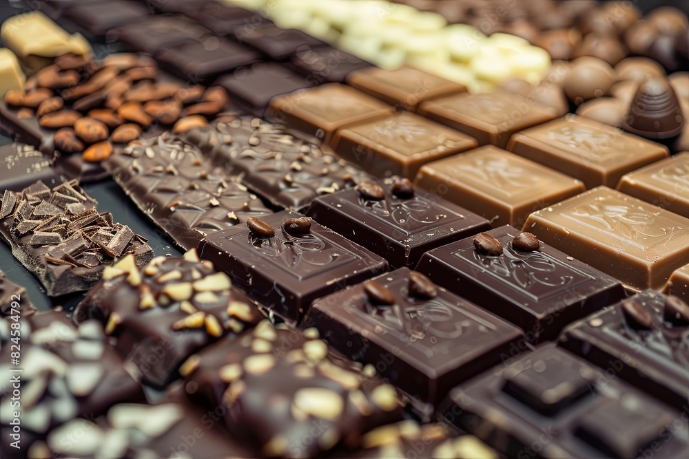 A diverse selection of chocolate bars in various flavors and types, showcasing rich colors and intricate details. Generative AI A diverse selection of chocolate bars in various flavors and types, showcasing rich colors and intricate details. Generative AI