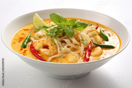 Malaysian laksa, a spicy noodle soup. White background.