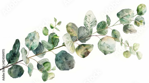 The Eucalyptus branch is isolated on white and is old watercolor #824584975
