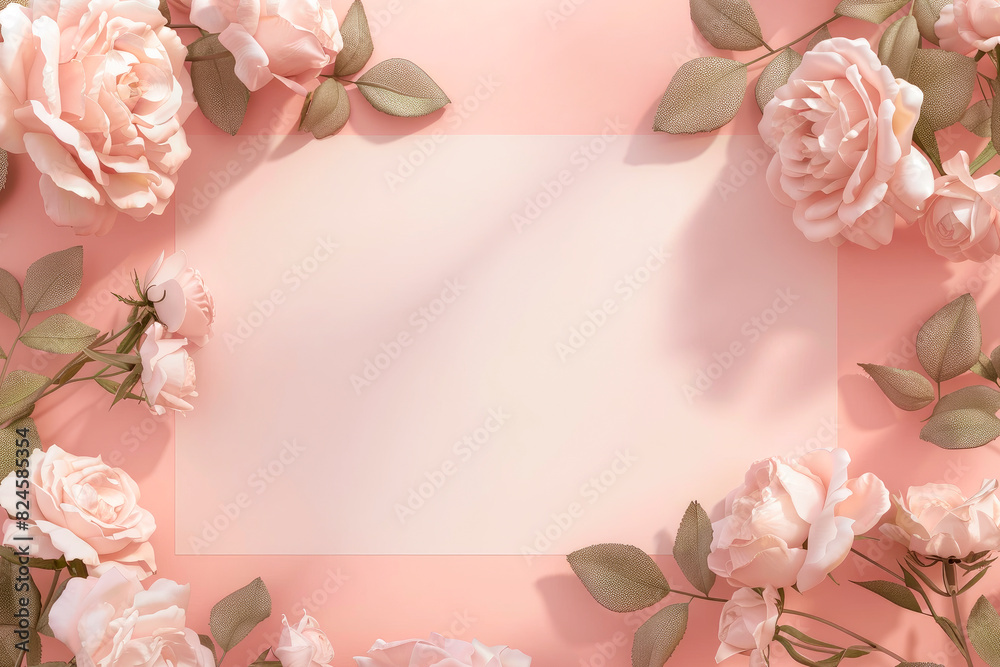 Floral frame with copy space. Rose flowers on the sides of an empty rectangle picture frame.