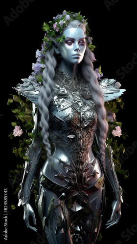 arafed woman with long hair and a flower crown in a silver suit