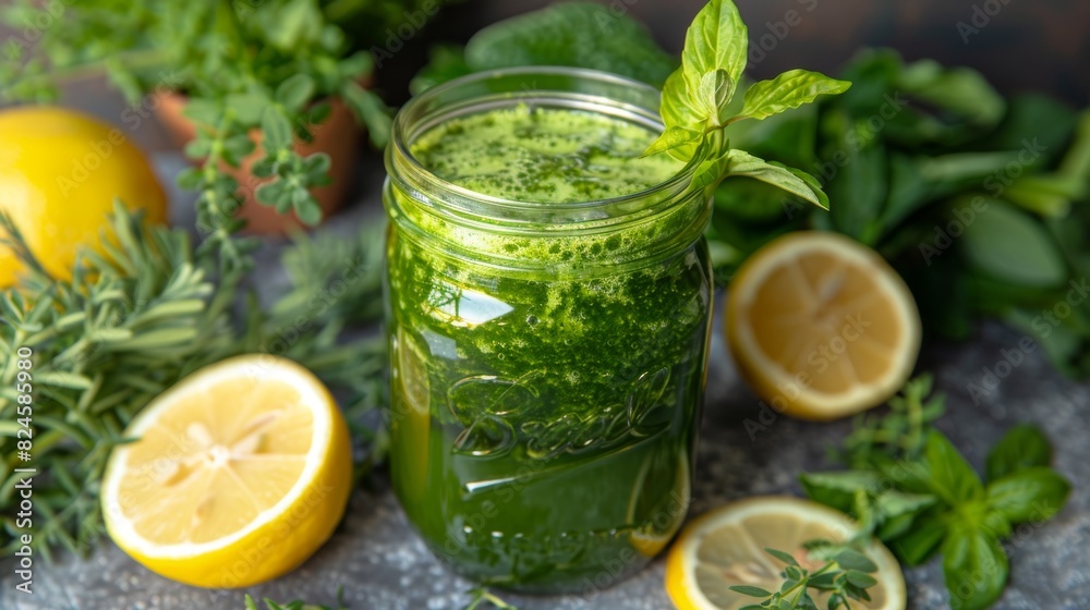 Fototapeta premium Cold-pressed green juice in a mason jar, with a background of fresh herbs and lemon slices