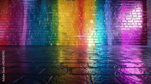 Industrial brick walls painted with glittering rainbow patterns Realistic images display vivid colors and shiny surfaces. By emphasizing the texture and characteristics of the bricks