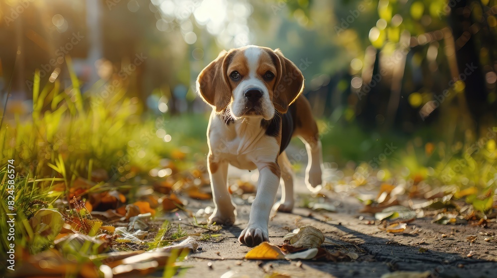 dog on nature in the park. beagle puppy. Pet for a walk