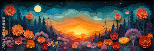 brightly colored paper cut landscape with flowers and mountains at night #824586555