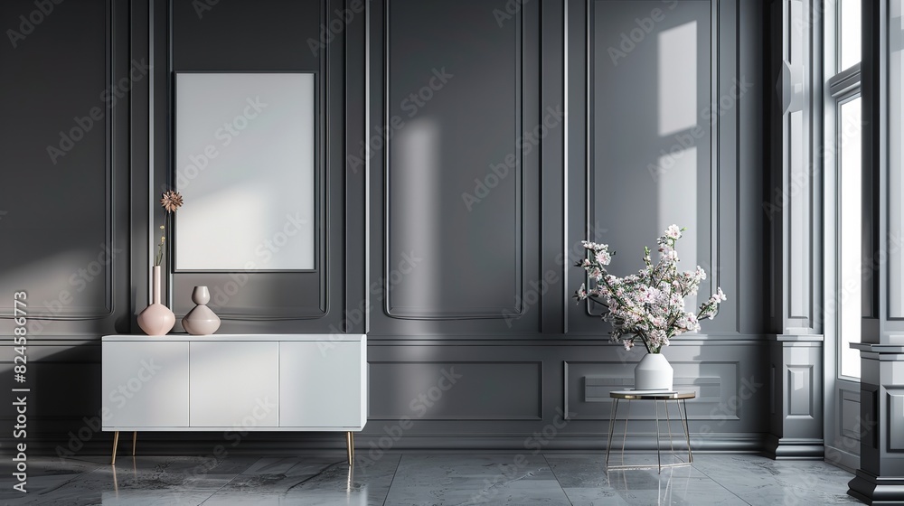 Grey Gallery Room Interior with Drawer and Decorative Items
Grey Gallery Room Interior with Drawer and Decorative Items