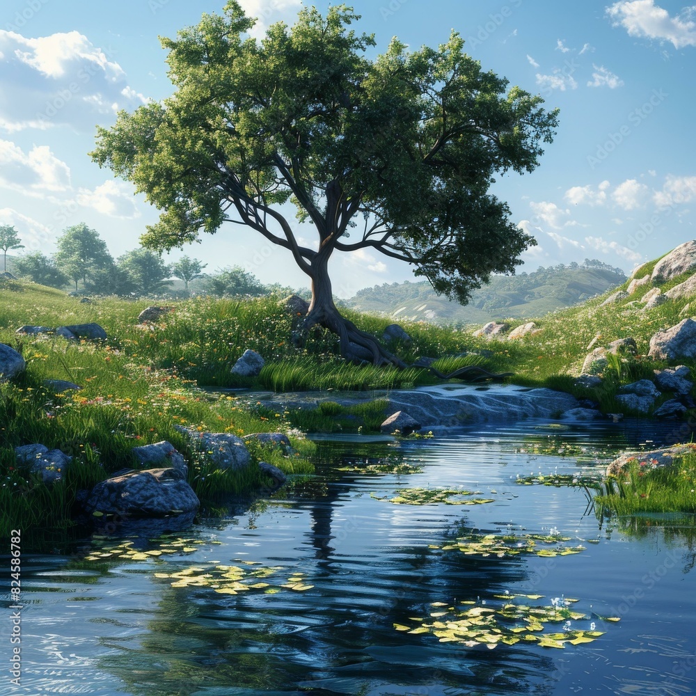 Scenic View of a Tranquil Pond Surrounded by Lush Greenery Scenic View of a Tranquil Pond Surrounded by Lush Greenery