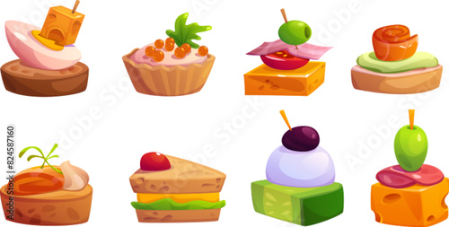 Buffet finger food appetizer - canape and sandwich, bruschetta and tartlets. Cartoon vector illustration set of little cold snacks for banquet with bread and cheese, olive and ham, vegetable and fish.