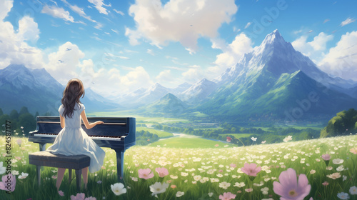 there is a girl sitting at a piano in a field of flowers photo