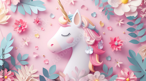 there is a unicorn head with a pink mane surrounded by flowers photo