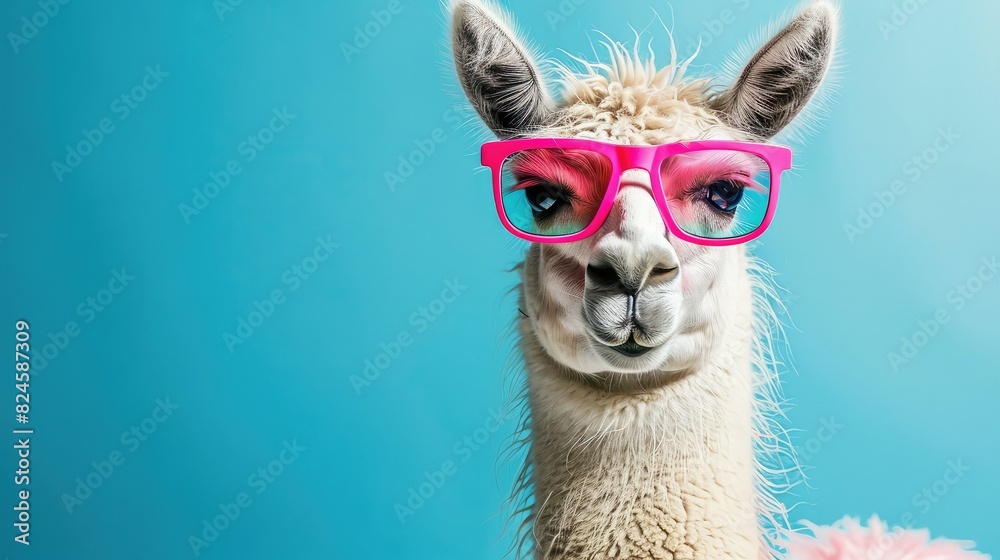 Funny funny llama with pink sunglasses. Portrait on blue background.