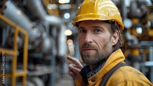 engineer worker at an oil refinery discussing and pointing for inspection and wearing a safety helmet with a steel long pipe in the background of a crude oil facility stock image © Claudine