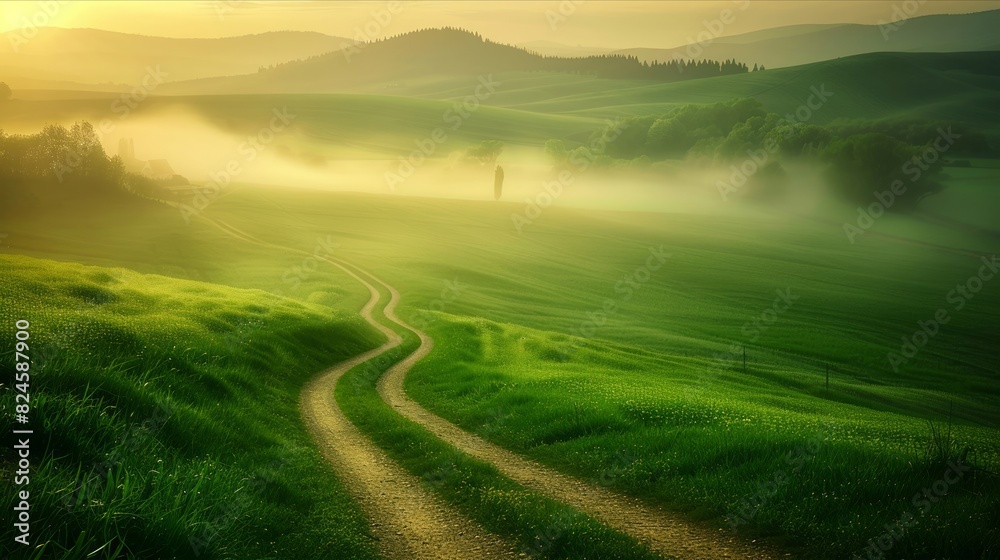 Fototapeta premium Rolling green fields shrouded in misty light at dawn