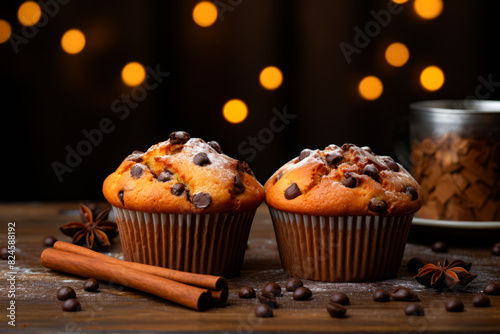 Two muffins with chocolate chips and cinnamon on table.