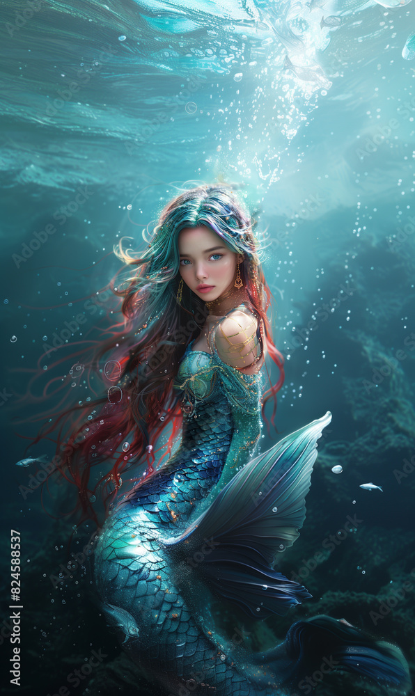 mermaid with long red hair sitting on rock under water