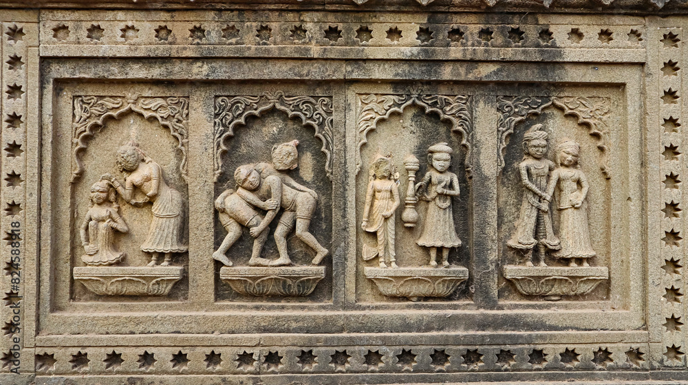 Carvings of Hindu traditions and Sports on Ahilya Devi Maheshwar Fort, Madhya Pradesh, India.