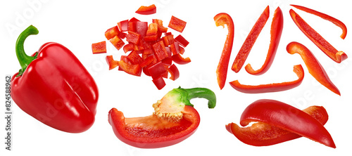sliced red sweet bell pepper isolated on white background. clipping path