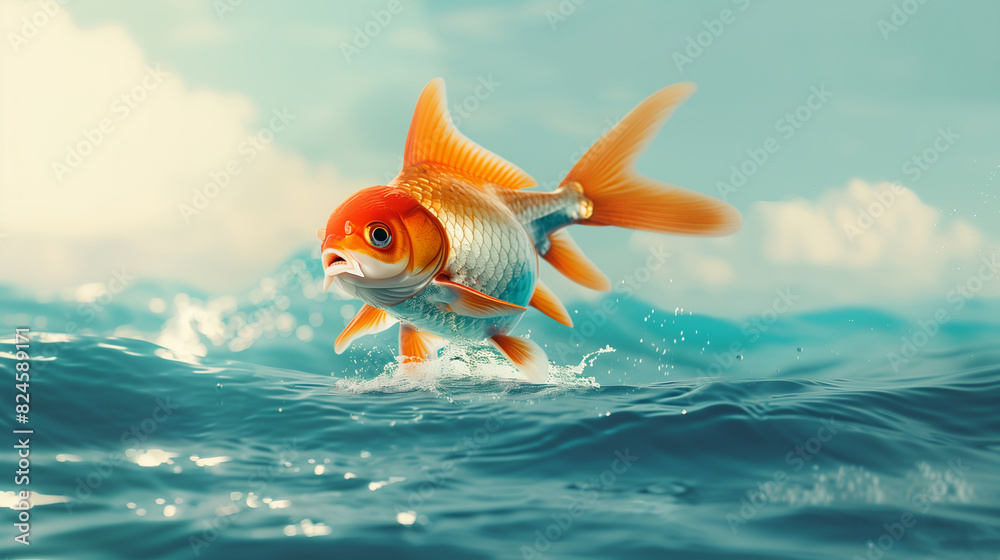 Obraz premium Goldfish break water's surface under the cloudy blue sky.
