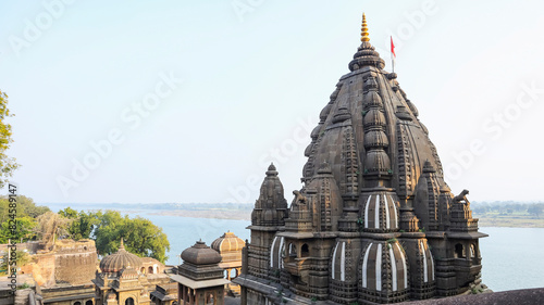Shikhara of Ahilyadevi Holkar Samadhi Temple, Maheshwar Fort, Madhya Pradesh, India. photo